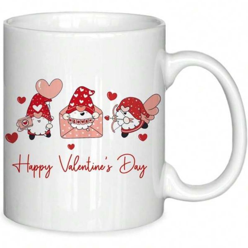Tailorly White Ceramic 11 oz Mug - Happy Valentine's Day Adorable Pink Gnomes Holding Envelopes And Cupid Bow Among Hearts Gnome