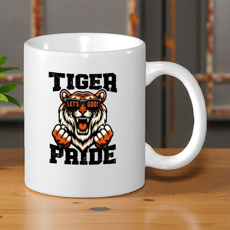 Tailorly White Ceramic 11 oz Mug - Tiger Pride Let S Go Fierce Mascot Character Wearing Sunglasses Showing Clenched Fists With Fur Details Tiger