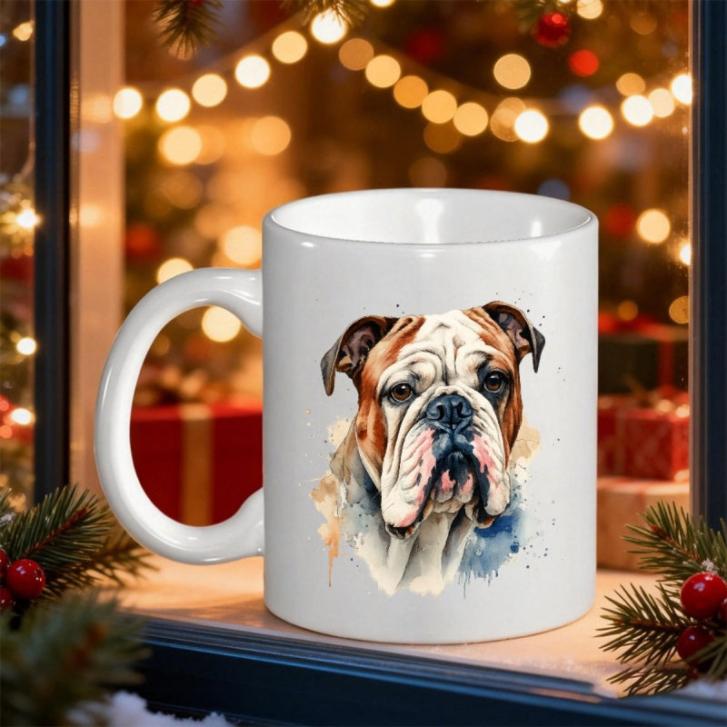 Tailorly White Ceramic 11 oz Mug - Artistic Watercolor Portrait Of A British Bulldog With Wrinkled Face Features Bulldog