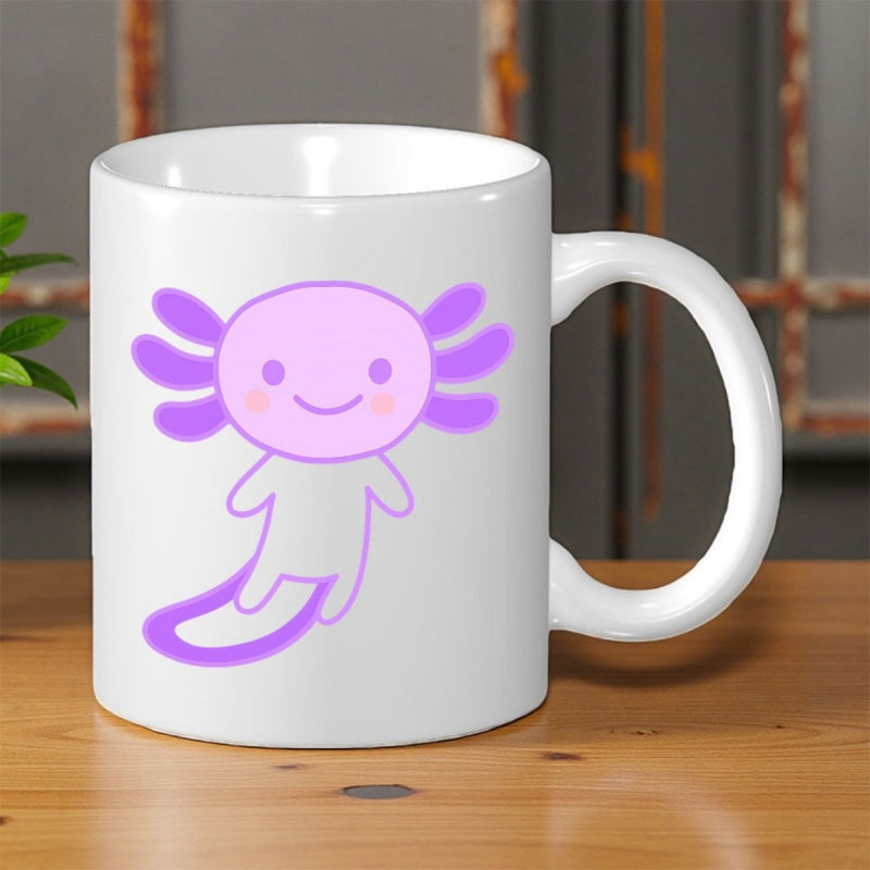 Tailorly White Ceramic 11 oz Mug - Adorable Pink Cartoon Creature Floating On A Simple White Background Axolotl