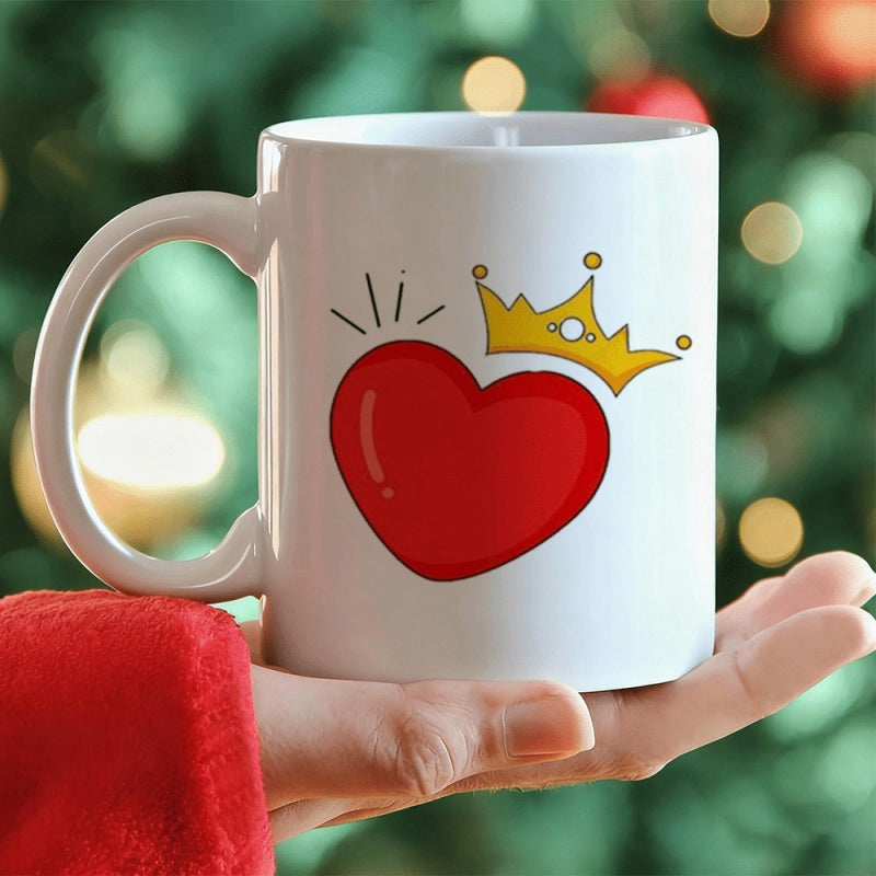 Tailorly White Ceramic 11 oz Mug - Vibrant Red Heart Wearing A Golden Shining Regal Crown Heart