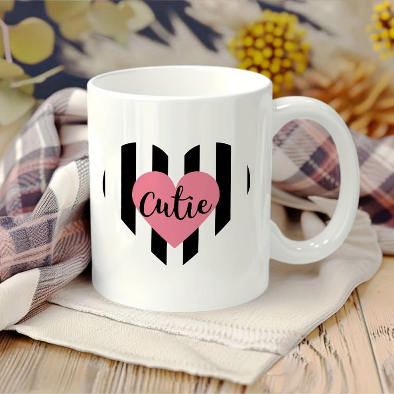 Tailorly White Ceramic 11 oz Mug - Cutie Elegant Modern Pink Center Inside Black And White Striped Graphic Heart