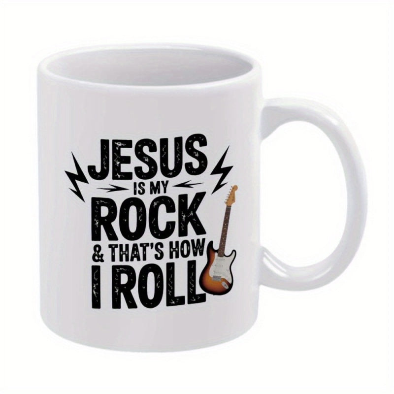 Tailorly White Ceramic 11 oz Mug - Jesus Is My Rock And That's How I Roll Classic Electric Guitar With Lightning Bolts And Bold Retro Lettering Guitar