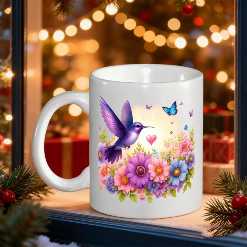 Tailorly White Ceramic 11 oz Mug - Vibrant Purple Wings Hovering Over Colorful Spring Garden Flowers And Butterflies Hummingbird