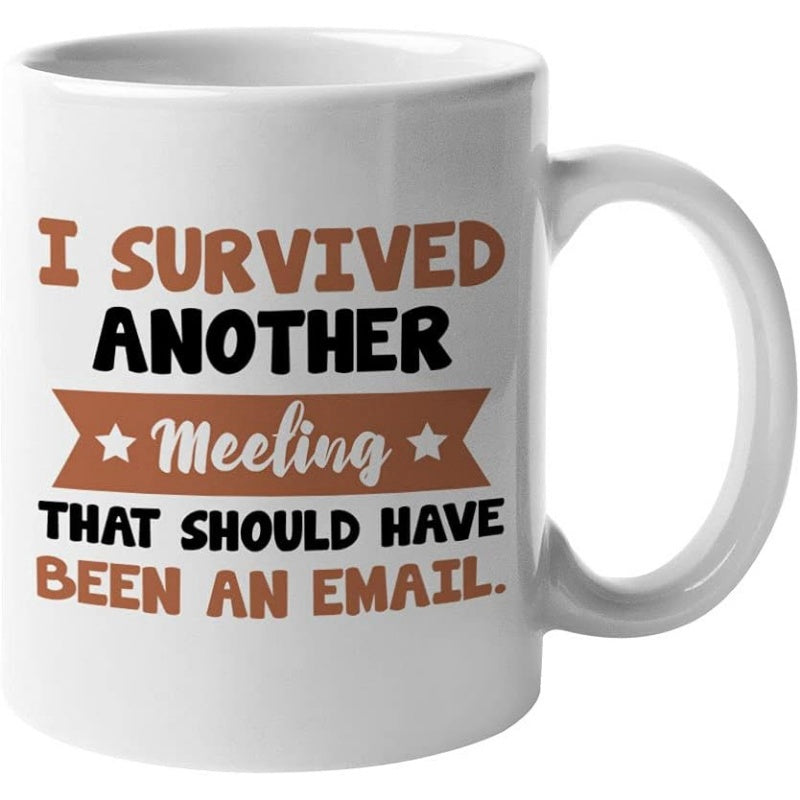 Tailorly White Ceramic 11 oz Mug - I Survived Another Meeting That Should Have Been An Email Minimalist Stars Around A Central Ribbon Banner On Ceramic Mug