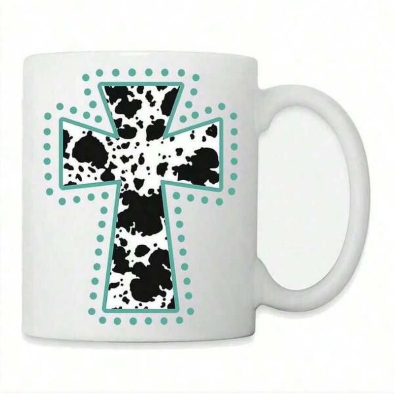 Tailorly White Ceramic 11 oz Mug - Rustic Western Styled Cow Print Pattern Surrounded By Small Blue Dots Cross