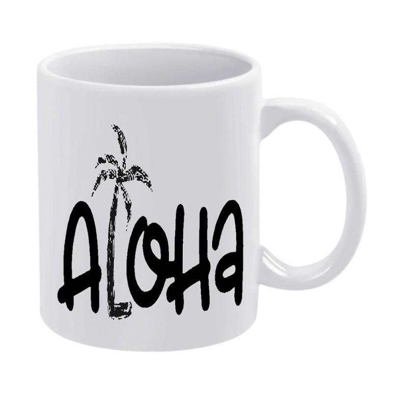 Tailorly White Ceramic 11 oz Mug - Aloha Tropical Summer Theme With Silhouette Of Slender Graceful Palm Tree