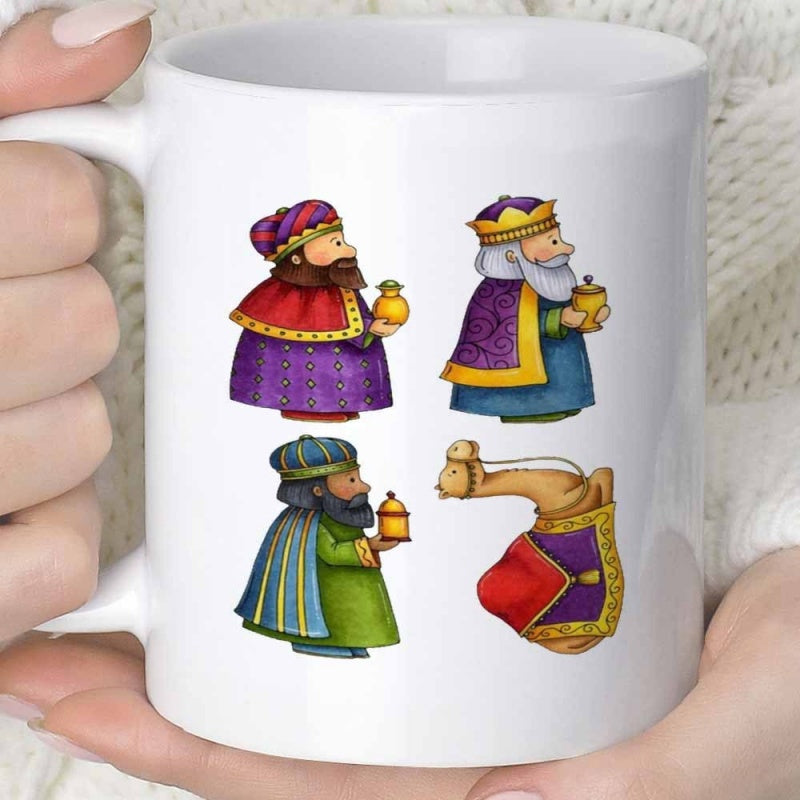Tailorly White Ceramic 11 oz Mug - Three Wise Men Bearing Gifts Walking Beside A Decorated Desert Camel King