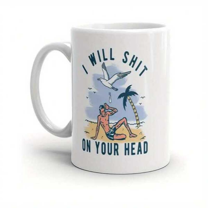 Tailorly White Ceramic 11 oz Mug - I Will Shit On Your Head Flying Cartoon Bird Above Relaxing Man Sitting On Tropical Sunny Beach Seagull