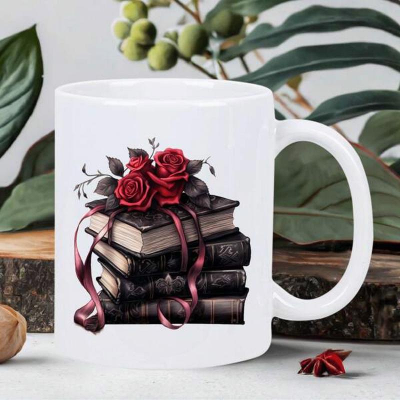 Tailorly White Ceramic 11 oz Mug - Elegant Red Roses Resting Atop Antique Leather Bound Vintage Stack Of Books