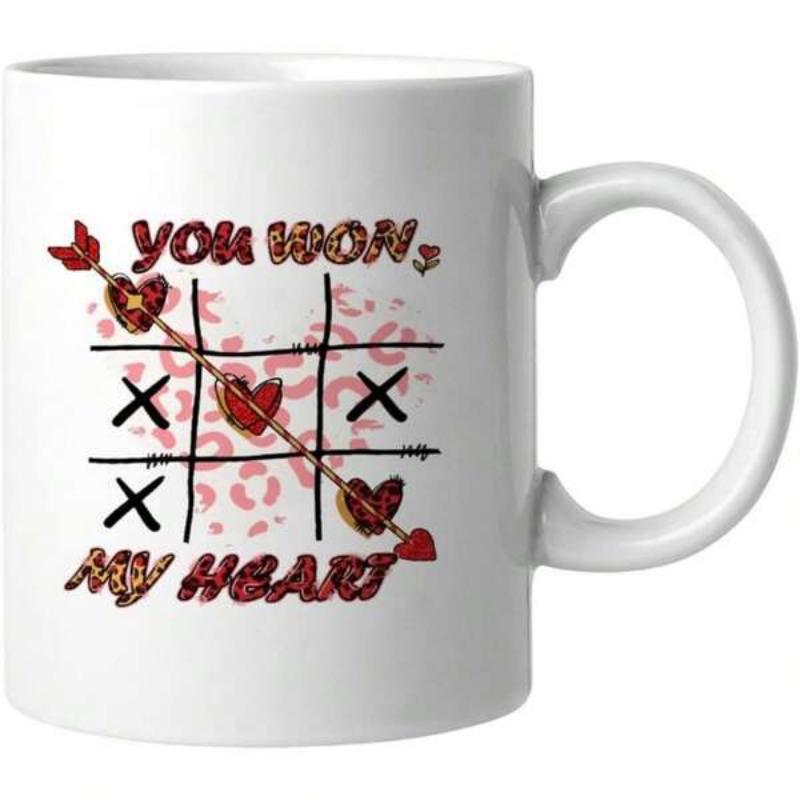 Tailorly White Ceramic 11 oz Mug - You Won My Heart Romantic Tic Tac Toe Grid Featuring Leopard Print Patterns And Cupid Arrow Heart