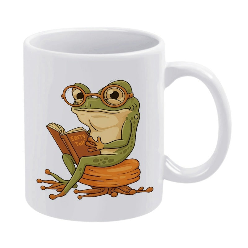Tailorly White Ceramic 11 oz Mug - Adorable Intellectual Frog Wearing Round Glasses Reading A Book While Resting Frog