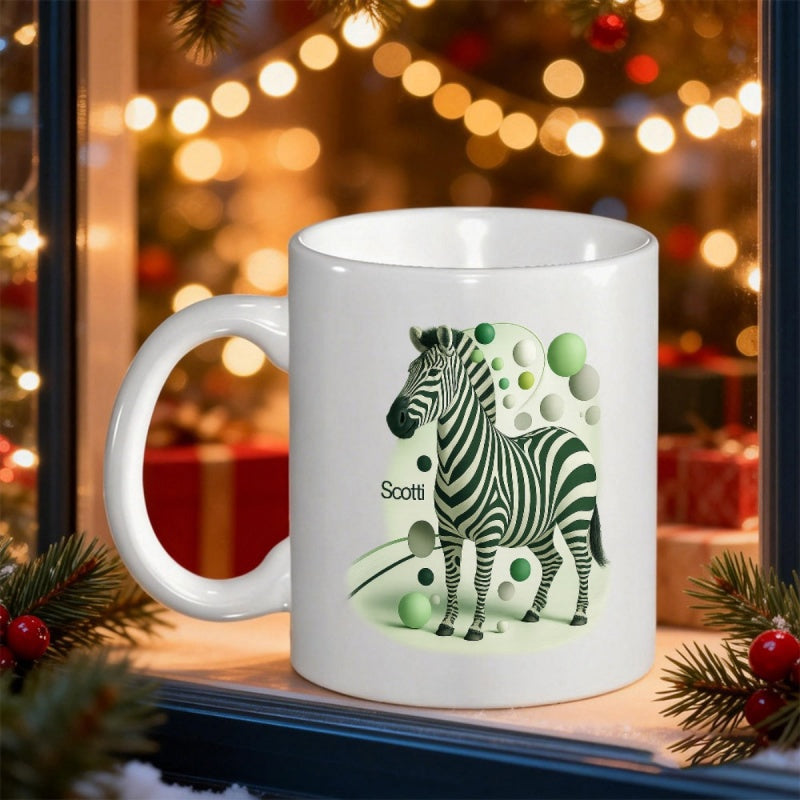Tailorly White Ceramic 11 oz Mug - Scotti Elegant Striped Animal Standing Among Artistic Green Floating Spheres Zebra