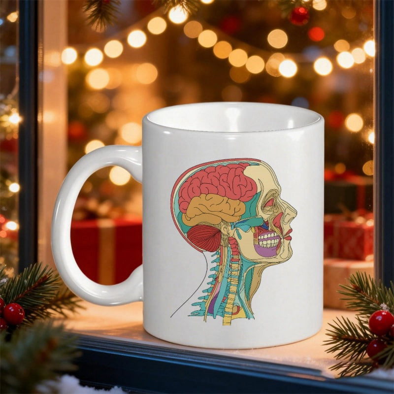 Tailorly White Ceramic 11 oz Mug - Detailed Colorful Medical Anatomy Illustration Featuring Human Brain And Skull Structure Head