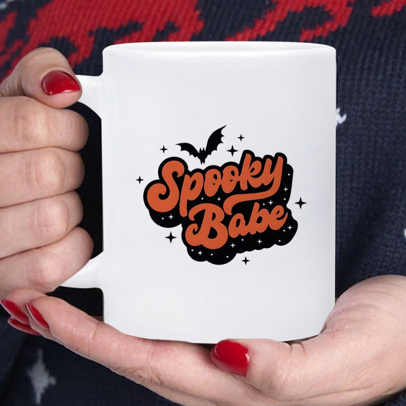 Tailorly White Ceramic 11 oz Mug - Spooky Babe Retro Orange Style Featuring Flying Bat And Small Sparkling Stars Bat