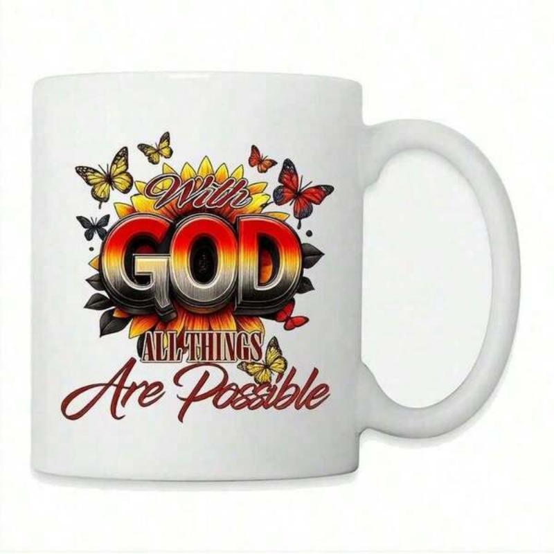 Tailorly White Ceramic 11 oz Mug - With God All Things Are Possible Bright Yellow Sunflowers Among Colorful Butterflies Fluttering In A Vibrant Garden Sunflower