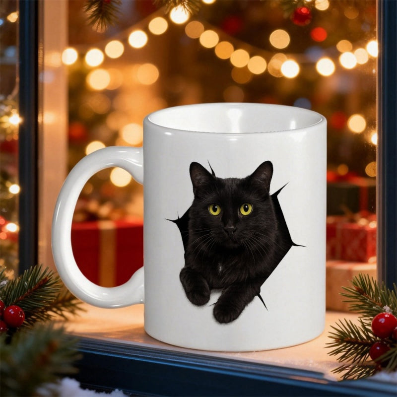 Tailorly White Ceramic 11 oz Mug - Mysterious Staring Black Feline Peering Through A Realistic Ripped Paper Hole Cat