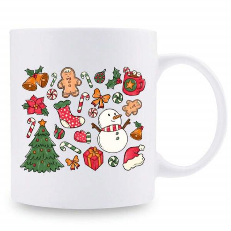 Tailorly White Ceramic 11 oz Mug - Festive Holiday Icons With Tree And Sweets Surrounding A Cheerful Snowman