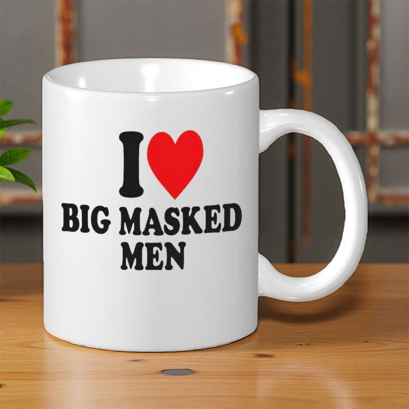 Tailorly White Ceramic 11 oz Mug - I Big Masked Men Bold Red Heart Icon Set Against Smooth White Surface Mug