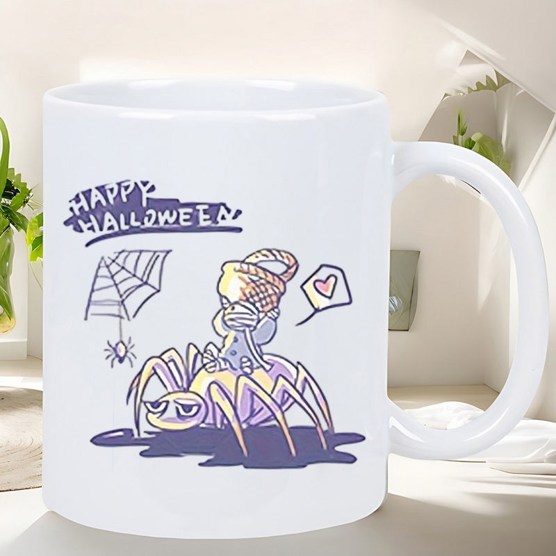Tailorly White Ceramic 11 oz Mug - Happy Halloween Whimsical Cartoon Character Riding A Large Purple And Yellow Spider