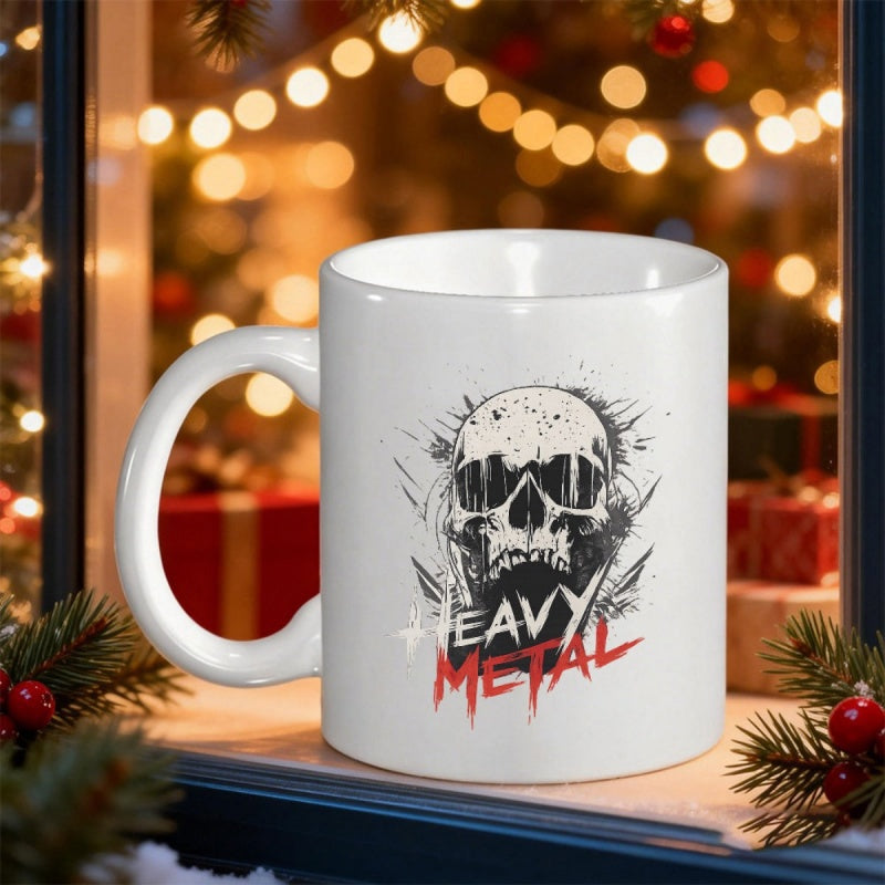 Tailorly White Ceramic 11 oz Mug - Heavy Metal Gritty Ink Splatter Style Wearing Sunglasses Among Sharp Shards Skull