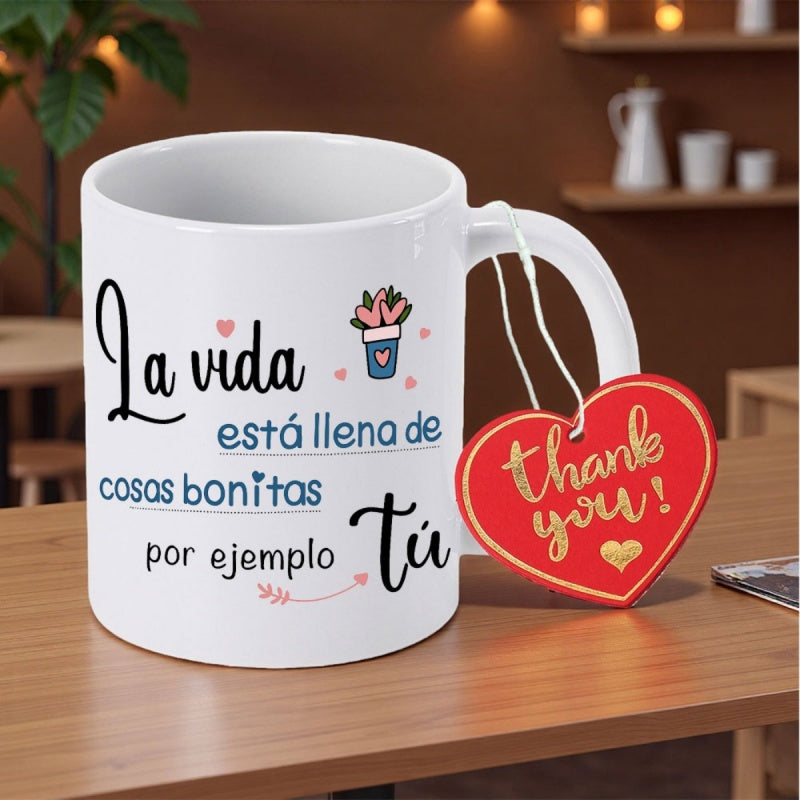 Tailorly White Ceramic 11 oz Mug - Thank You Minimalist White Ceramic Vessel With Decorative Script And Heart Shaped Tag Mug