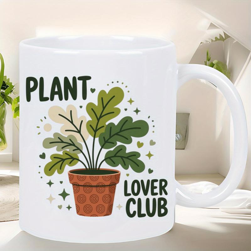 Tailorly White Ceramic 11 oz Mug - Plant Lover Club Lush Green Leaves Growing In Terracotta Pot With Heart Accents Plant