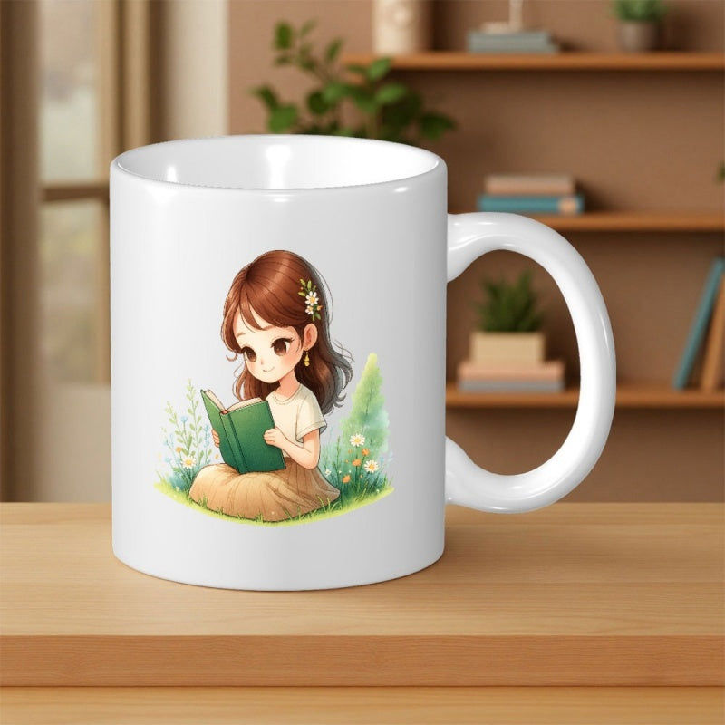 Tailorly White Ceramic 11 oz Mug - Sweet Young Child Engrossed In A Green Book Among Garden Flowers Girl