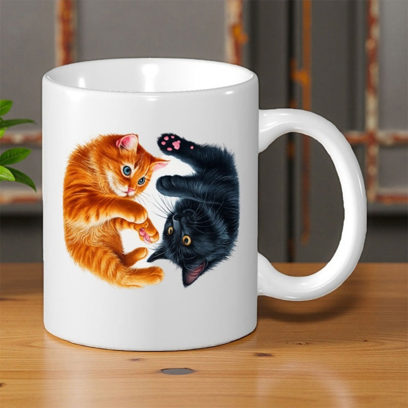 Tailorly White Ceramic 11 oz Mug - Ginger And Black Kittens Curled In Harmonic Yin Yang Circular Balance Cats