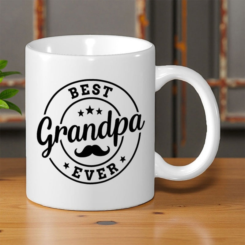 Tailorly White Ceramic 11 oz Mug - Best Grandpa Ever Vintage Style Badge With Stars And Classic Mustache Mug