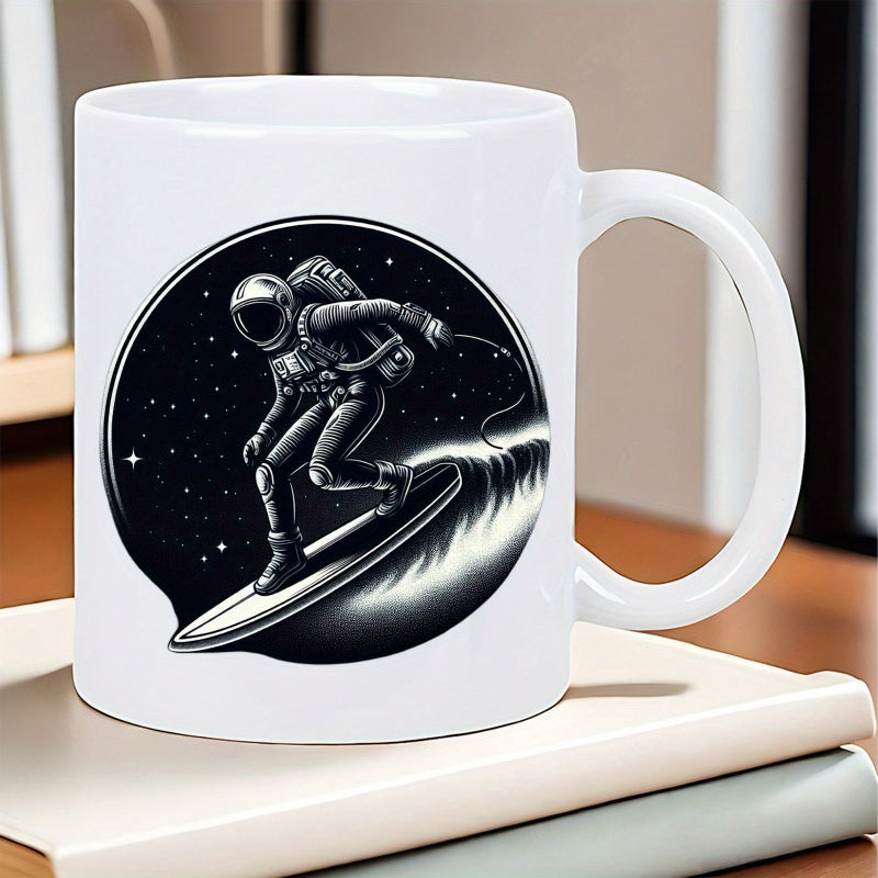 Tailorly White Ceramic 11 oz Mug - Space Surfer Gliding Through Cosmic Waves Among The Twinkling Stars Astronaut