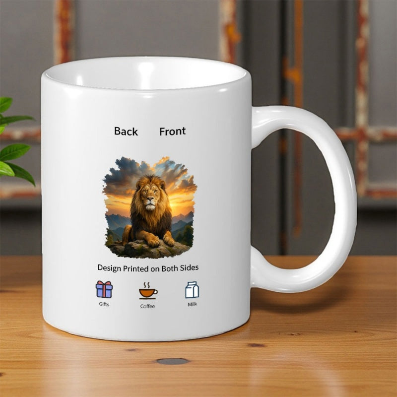 Tailorly White Ceramic 11 oz Mug - Back Front Design Printed On Both Sides Gifts Coffee Milk Majestic Lion Resting On Rocks Under Golden Sunset And Mountain Lion