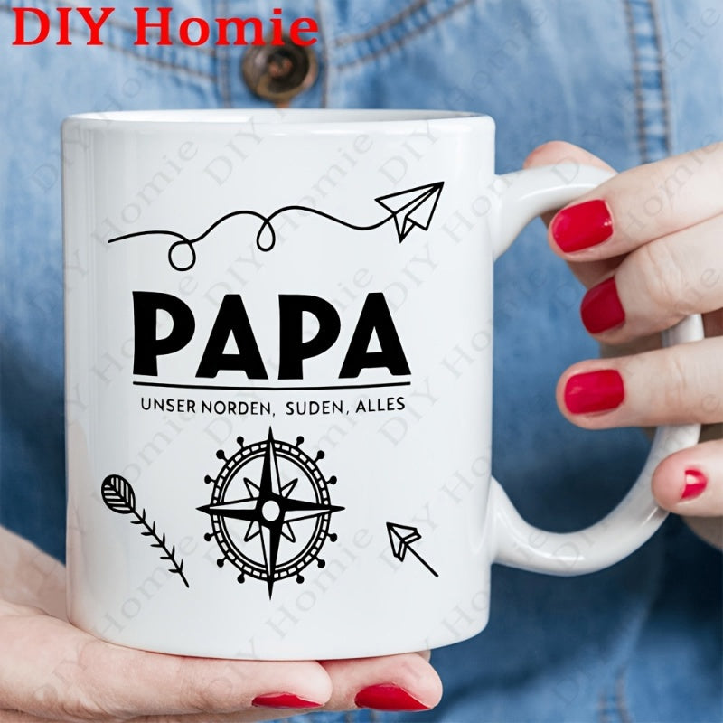 Tailorly White Ceramic 11 oz Mug - Papa Minimalist Black Line Drawings Featuring Paper Airplane With Nautical Adventure Compass