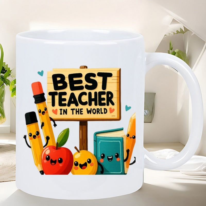 Tailorly White Ceramic 11 oz Mug - Best Teacher In The World Cute Animated School Supplies Standing Near A Wooden Sign