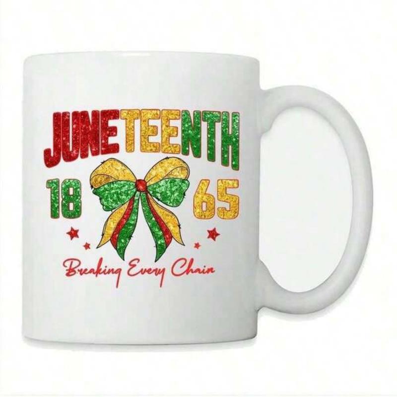 Tailorly White Ceramic 11 oz Mug - Juneteenth 1865 Breaking Every Chain Colorful Glitter Ribbons With Sparkling Small Stars Patterned Bow