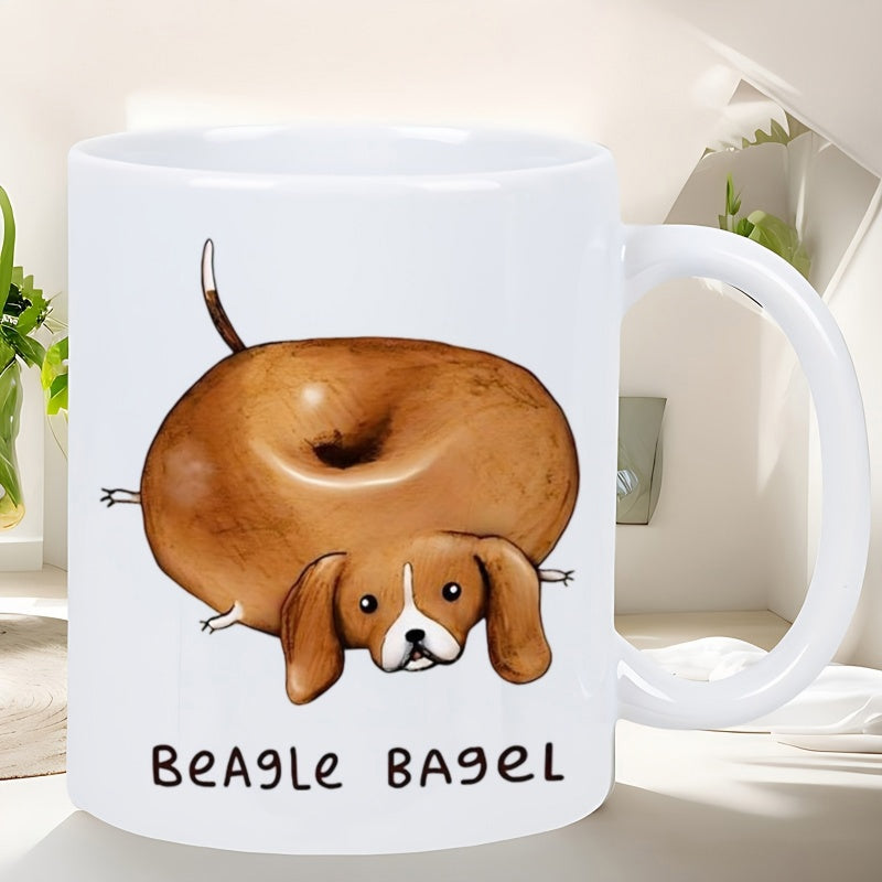 Tailorly White Ceramic 11 oz Mug - Beagle Bagel Cute Brown Cartoon Dog Merged With A Delicious Circular Toasted Bread Beagle