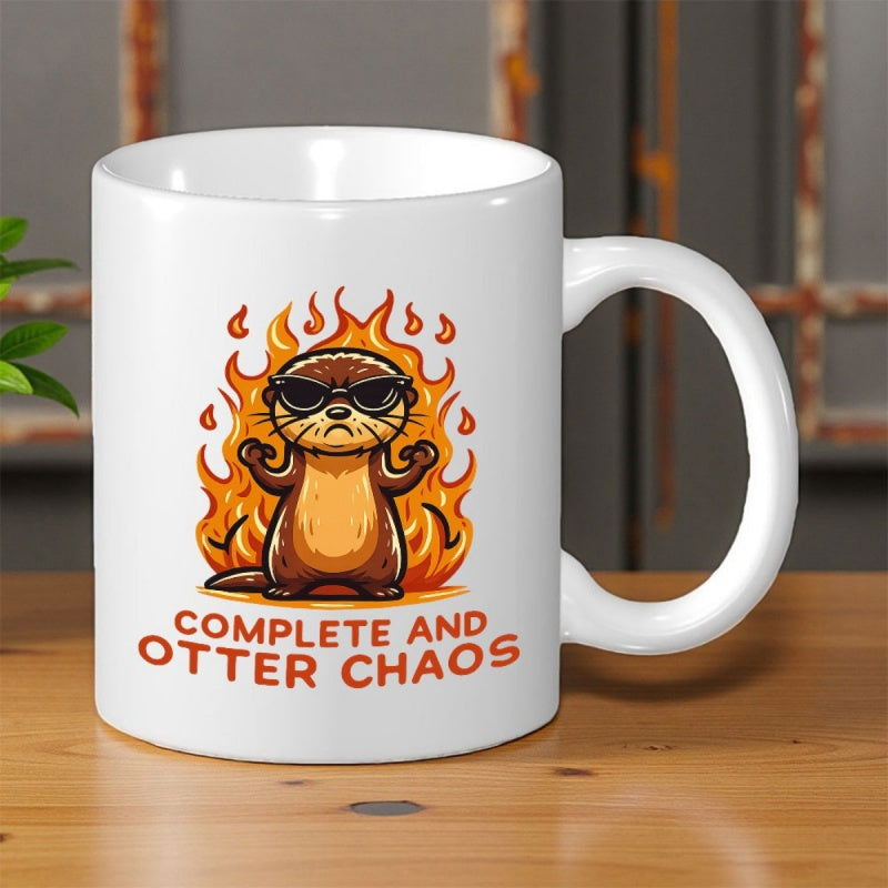 Tailorly White Ceramic 11 oz Mug - Complete And Otter Chaos Fierce Brown Cartoon Animal Wearing Sunglasses Flexing Among Blazing Orange Fire Otter