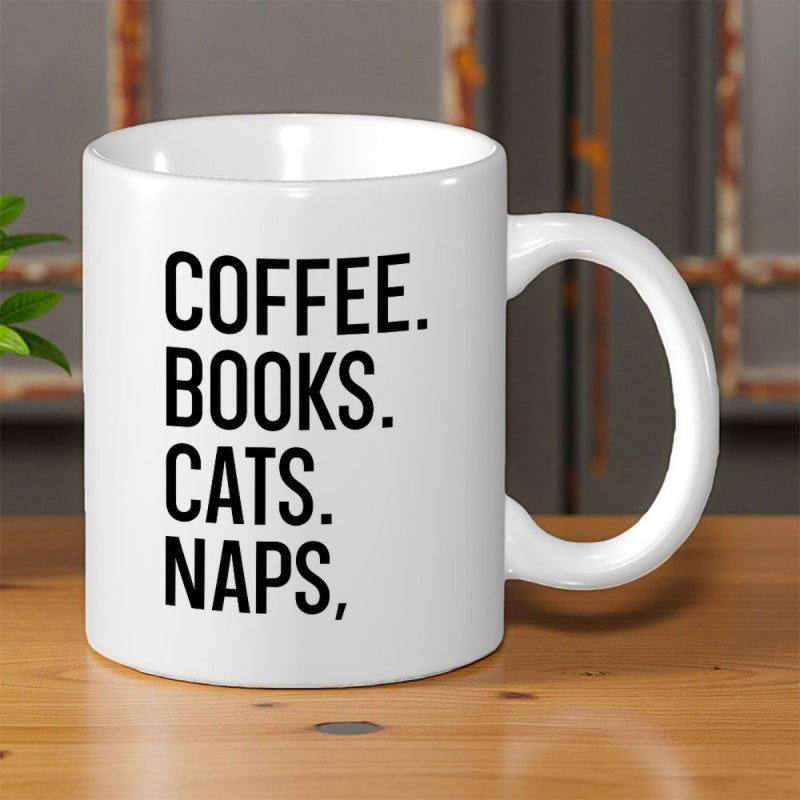 Tailorly White Ceramic 11 oz Mug - Coffee Books Cats Naps Minimalist Style Ceramic Vessel Placed Upon Rustic Wooden Surface Table Mug
