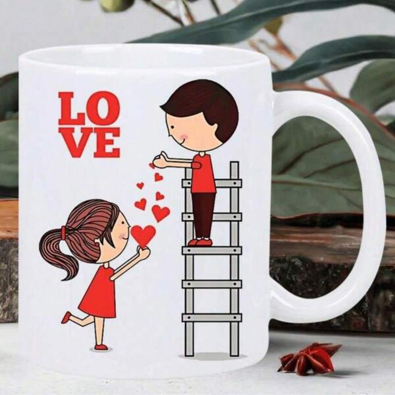 Tailorly White Ceramic 11 oz Mug - Love Cute Cartoon Boy And Girl Sharing Hearts Standing On Ladder Couple