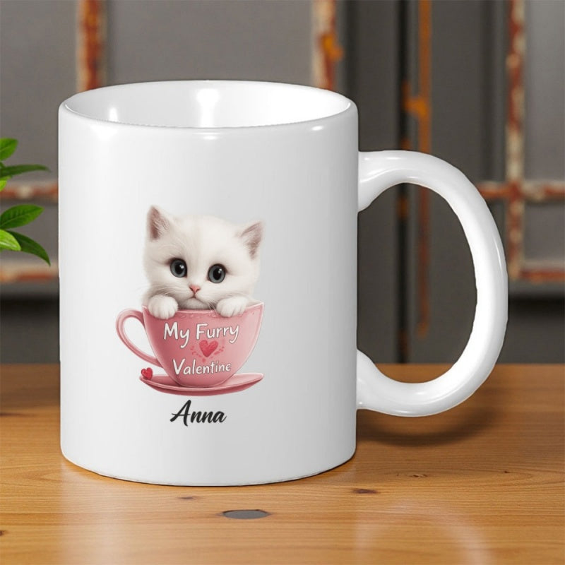 Tailorly White Ceramic 11 oz Mug - My Furry Valentine Anna Adorable White Fluffy Feline Resting Inside Pink Ceramic Teacup Kitten