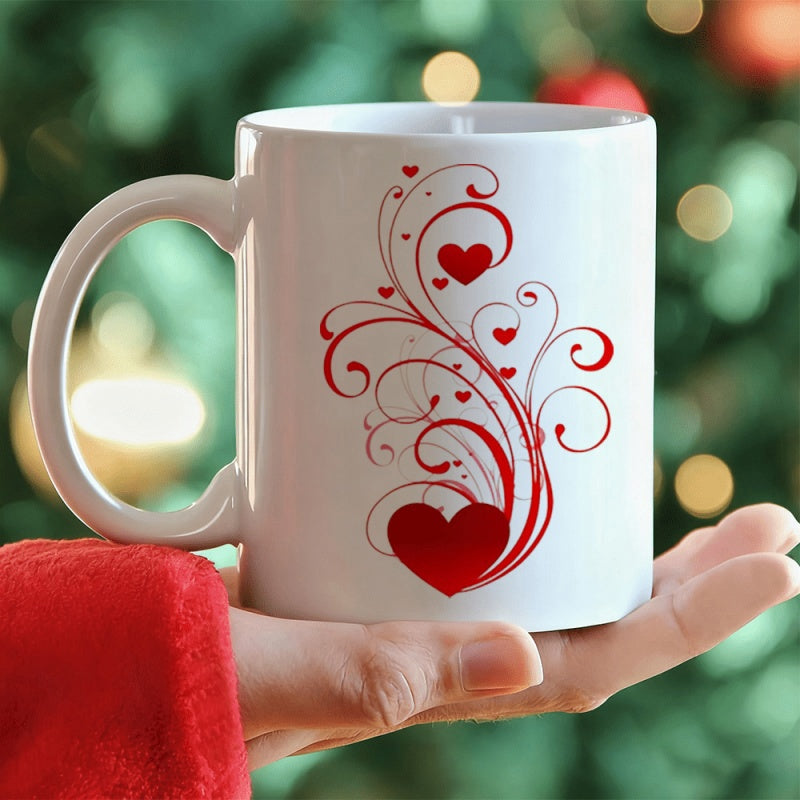 Tailorly White Ceramic 11 oz Mug - Elegant Red Swirling Vines Featuring Many Small Decorative Romantic Heart