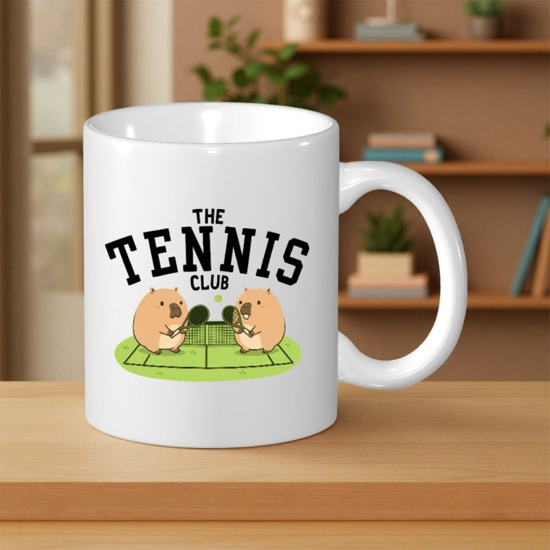 Tailorly White Ceramic 11 oz Mug - The Tennis Club Two Cute Capybaras Playing Sports On A Small Green Court Capybara