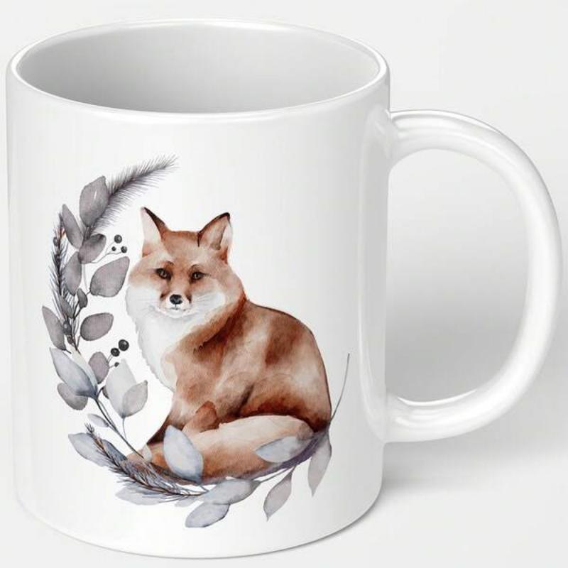 Tailorly White Ceramic 11 oz Mug - Graceful Watercolor Sitting Red Fox Within A Delicate Grey Leafy Wreath Fox