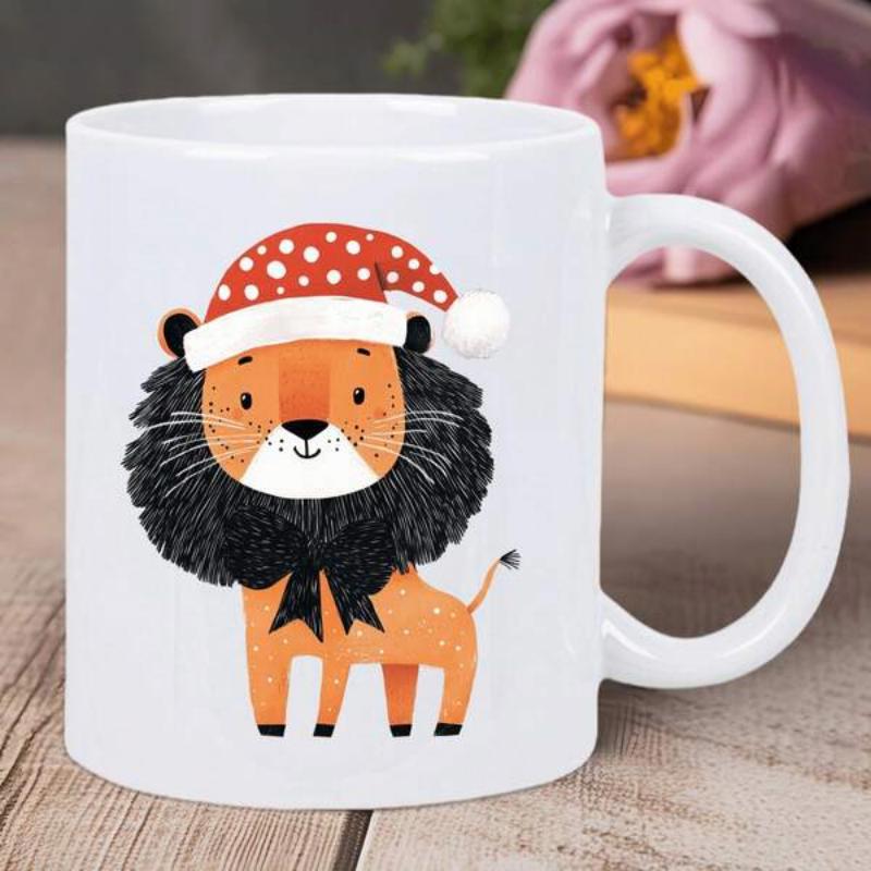 Tailorly White Ceramic 11 oz Mug - Adorable Cartoon Standing Animal Wearing Red Festive Polka Dot Santa Hat Lion