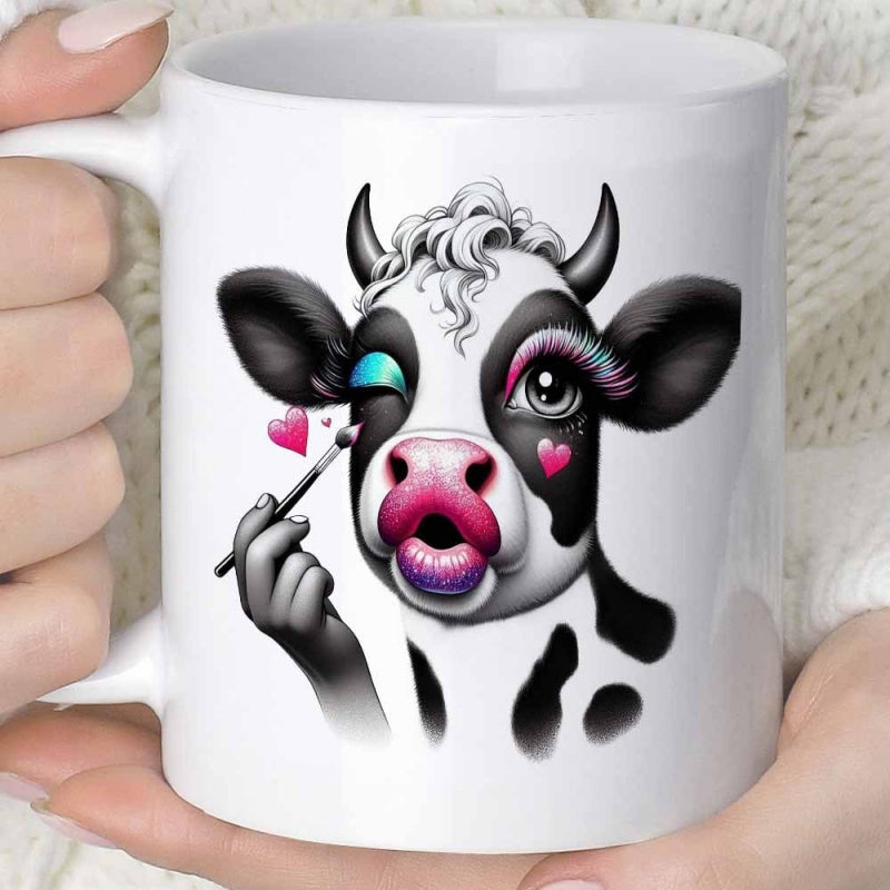 Tailorly White Ceramic 11 oz Mug - Charming Cartoon Heifer Applying Makeup With Brush And Floating Hearts Cow