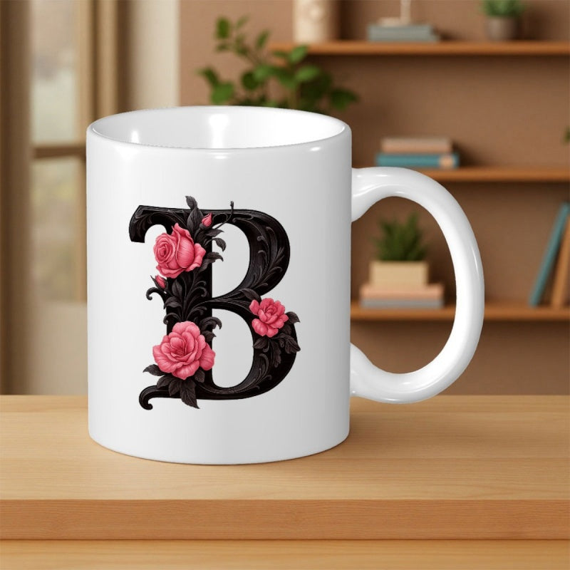 Tailorly White Ceramic 11 oz Mug - B Intricate Black Scrollwork Letter Adorned With Elegant Blooming Pink Rose