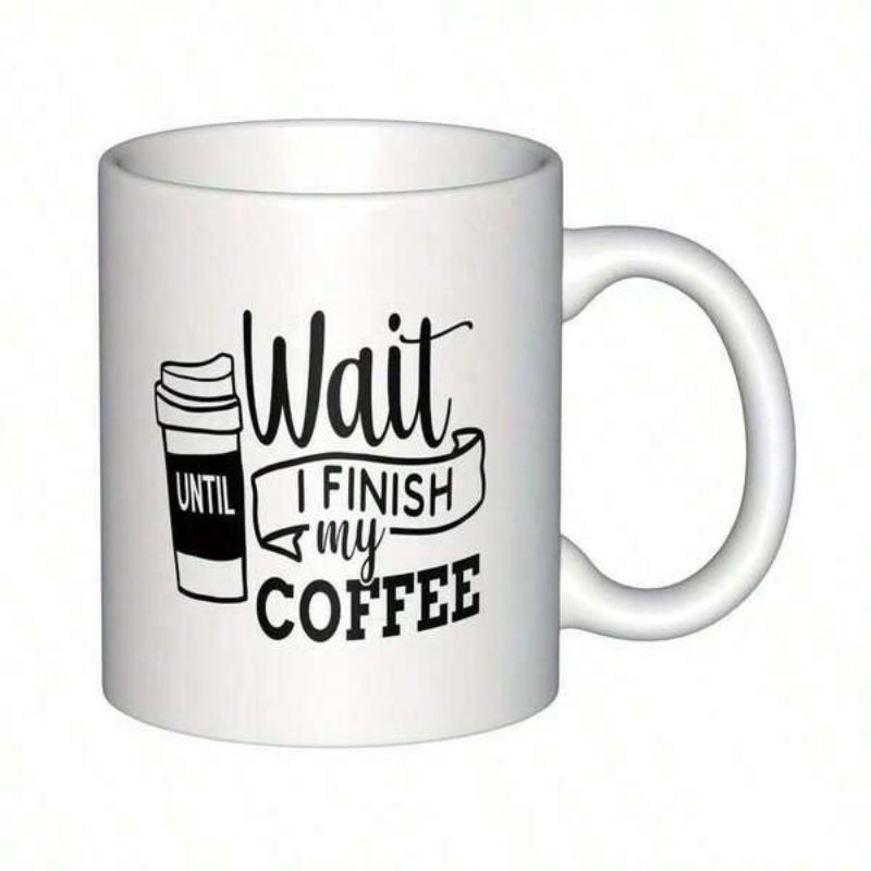 Tailorly White Ceramic 11 oz Mug - Wait Until I Finish My Coffee Minimalist Black Line Art Design Featuring Decorative Script Coffee Mug