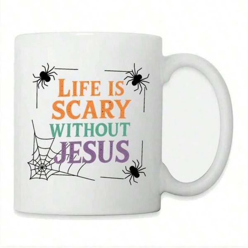 Tailorly White Ceramic 11 oz Mug - Life Is Scary Without Jesus Spooky Spiders Crawling Around Web Within Minimalist Border Corner Spider