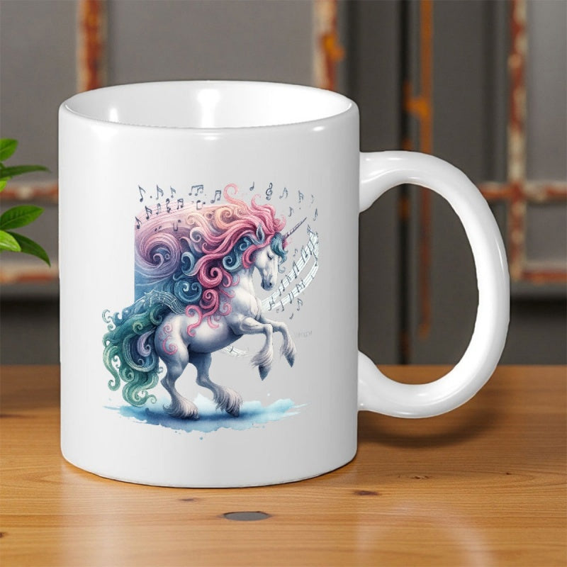 Tailorly White Ceramic 11 oz Mug - Majestic Mythical Creature With Flowing Colorful Mane Amidst Floating Musical Notes Unicorn