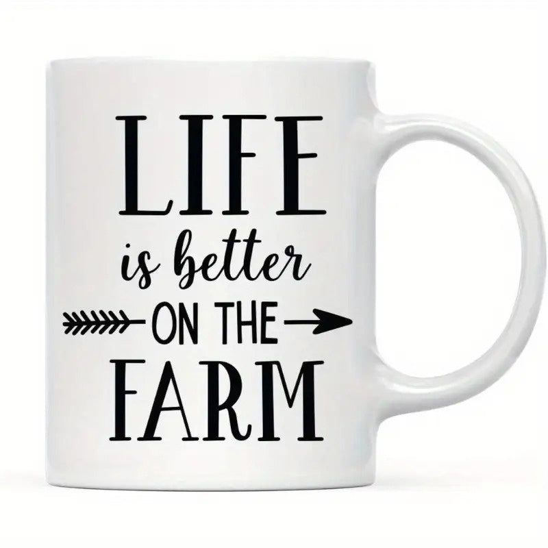 Tailorly White Ceramic 11 oz Mug - Life Is Better On The Farm Simple Black Arrow Pointing Right Across Rustic Farmhouse Styled Typography Mug